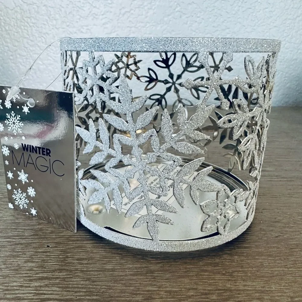 Holiday Snowflake White Glitter Cutout Sparkly Christmas Candle Holder Sleeve